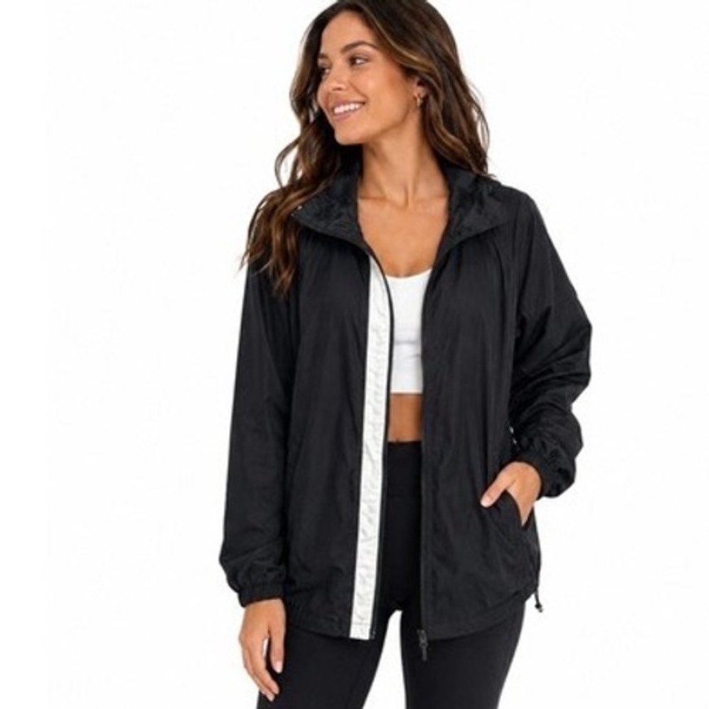 Adidas Essentials Black White Windbreaker Jacket‎ Full Zip Lightweight Athletic
